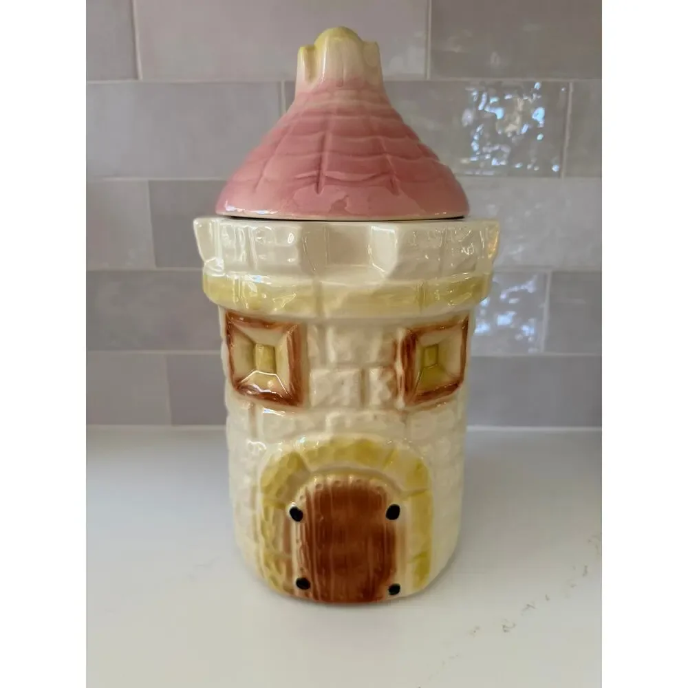 Vtg Collectible Bisque Cardinal China Castle Tower Cookie Jar Canister USA 1950s